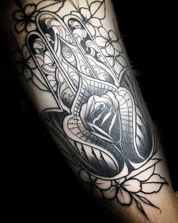 Mens Ornate Rose Flower Hamsa Forearm Tattoos