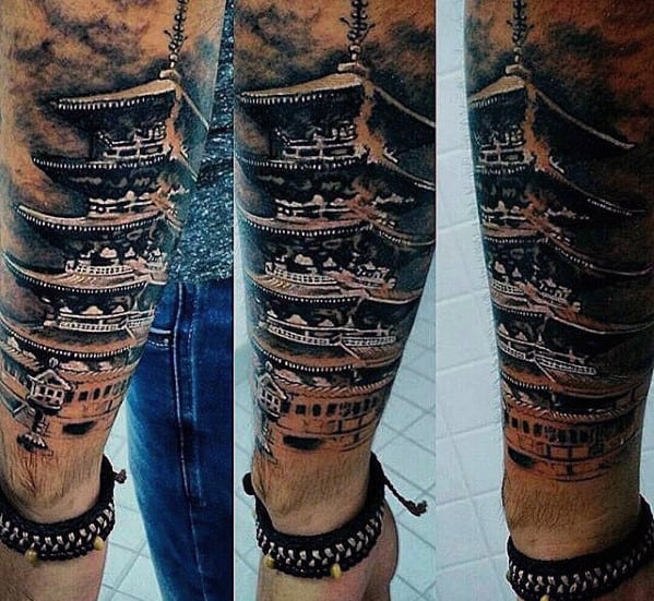 Mens Outer Forearm Japanese Temple Tattoo Designs