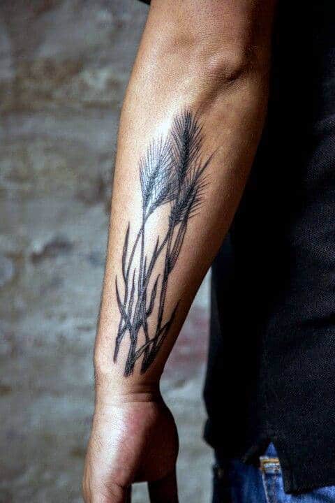 Mens Outer Forearm Tattoo Of Wheat Stacks