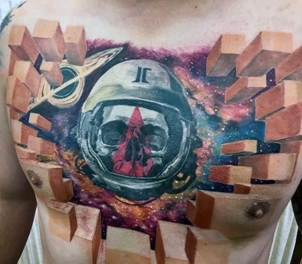 Mens Outer Space Skull With Helmet 3d Geometric Chest Tattoo