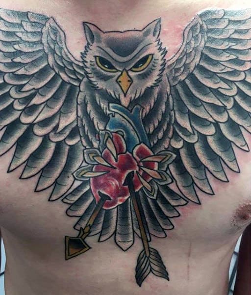 Mens Owl Chest Tattoos With Red Heart And Arrows