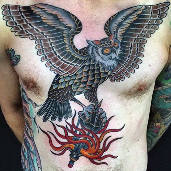 Mens Owl With Flaming Lantern Chest Tattoos