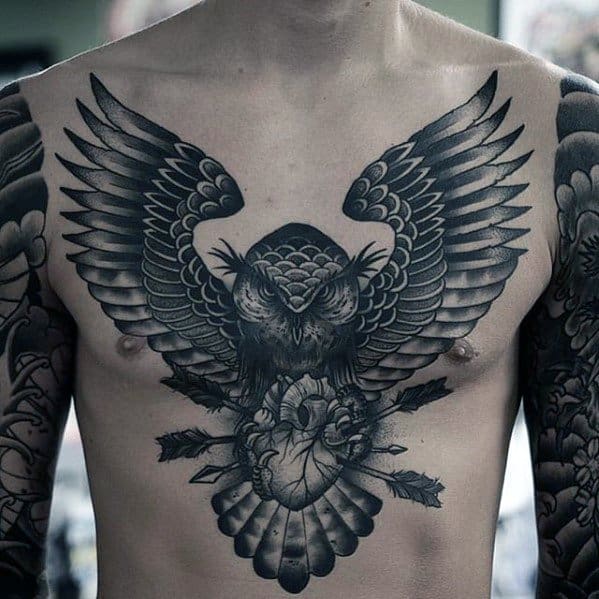 Mens Owl With Heart Chest Tattoo Epic Design