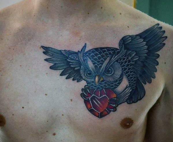 Mens Owl With Red Ruby Heart Chest Tattoos