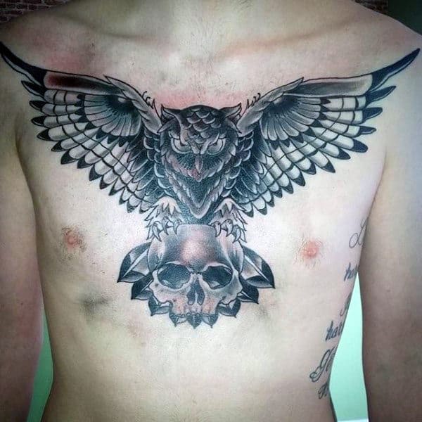 Mens Owl With Skull Traditional Chest Tattoo Ideas