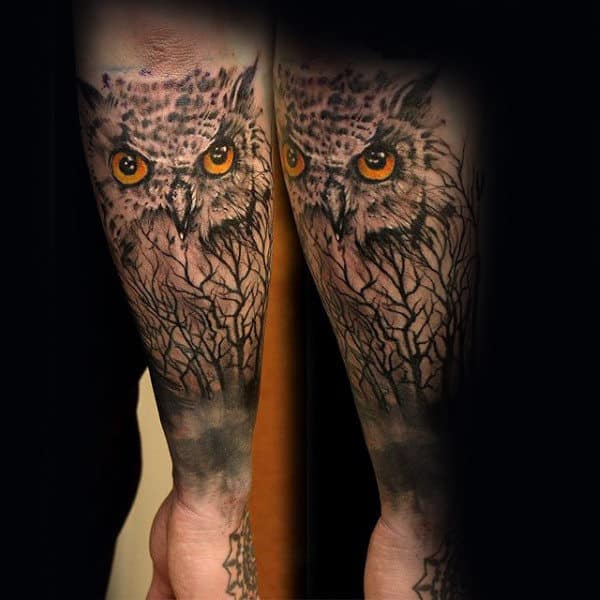 Mens Owl With Trees Forearm Tattoo Ideas