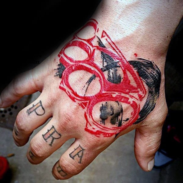 Mens Paint Brush Stroke Red And Black Ink Brass Knuckles Hand Tattoo