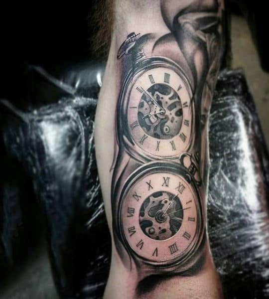 Mens Pair Of Deluxe Pocket Watch Tattoo On Forearms