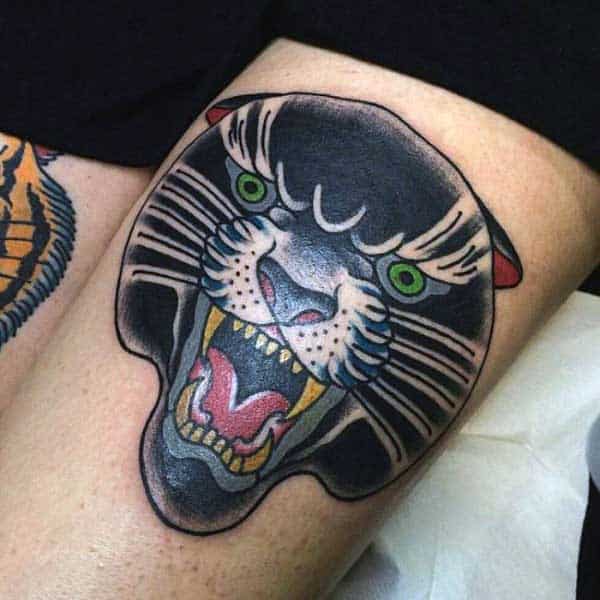 Mens Panther Head Tattoo On Thigh