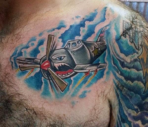 Men's Color Airplane Tattoo On Shoulder And Arm