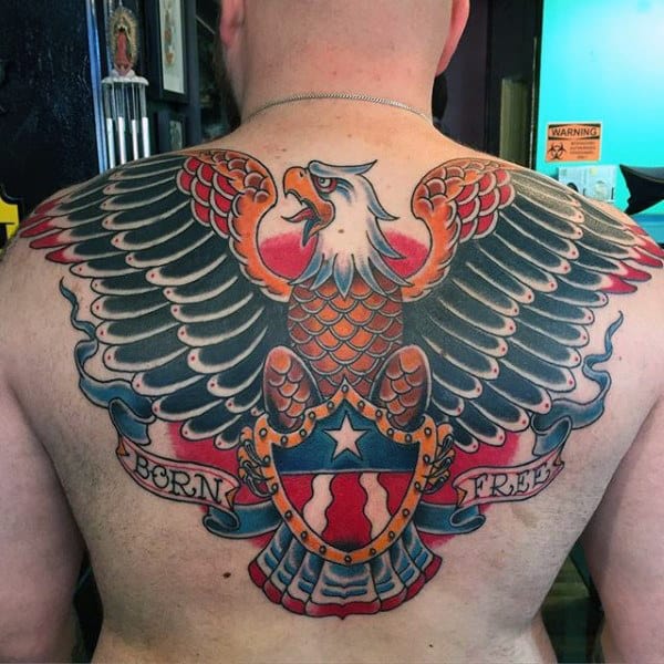 Mens Patriotic Traditional Eagle Upper Back Tattoos