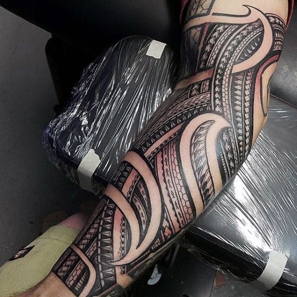 Mens Pattern Polynesian Sleeve Tattoo Ideas With Badass Tribal Design