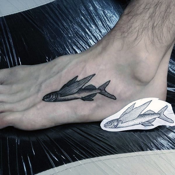 Mens Pencil Shaded Fishy Foot Tattoo