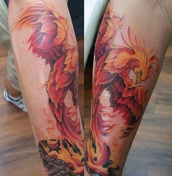 Men's Flaming Phoenix Back Tattoo On Legs