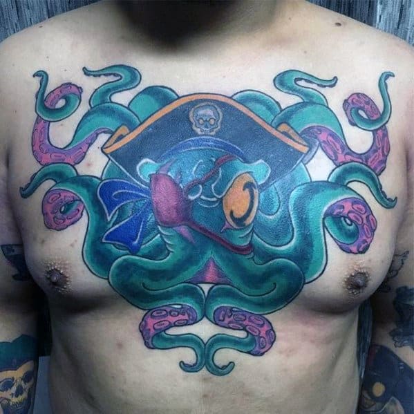 Mens Pirate Octopus New School Chest Tattoos
