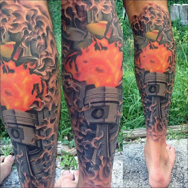Men's Piston Combustion Tattoo Designs On Legs