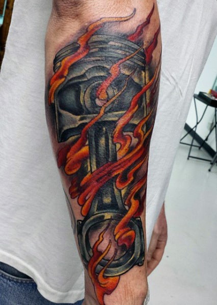 Men's Piston Flaming Tattoo
