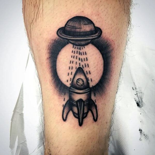 Mens Planet With Rocket Ship Back Of Leg Tattoo