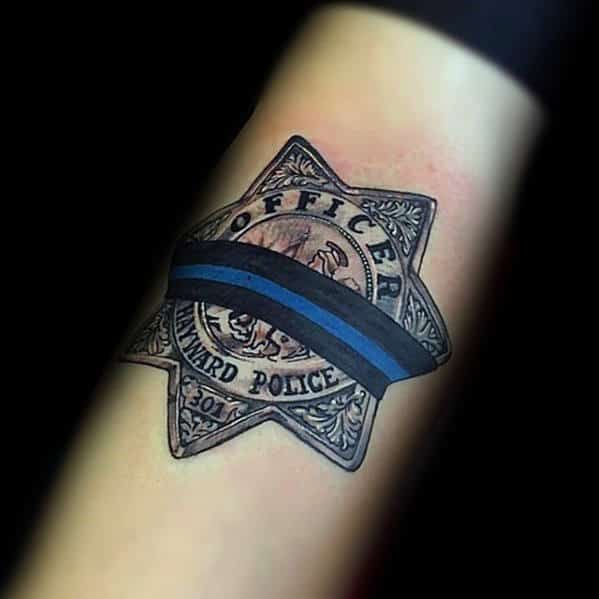 Mens Police Officer Badge With Black And Blue Line Tattoo On Inner Forearm