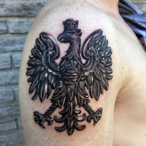 Mens Polish Eagle Black And White Ink Upper Arm Tattoo Designs