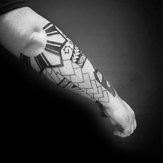 Mens Polynesian Sun Tribal Forearm Tattoo