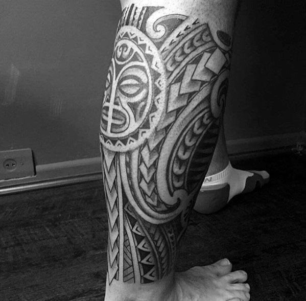 Mens Polynesian Sun Tribal Leg Tattoo