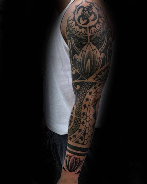 Mens Polynesian Turtle And Flower Tribal Sleeve Tattoo