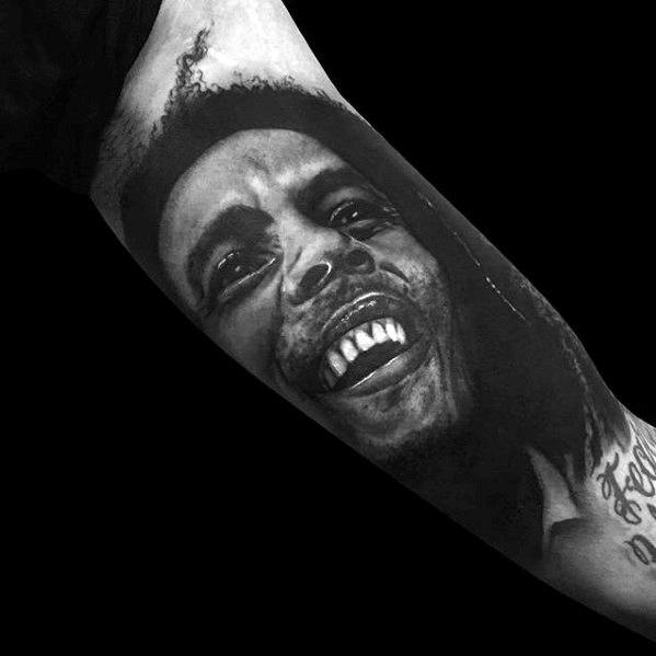 Mens Portrait Of Bob Marley Inner Arm Bicep Tattoo