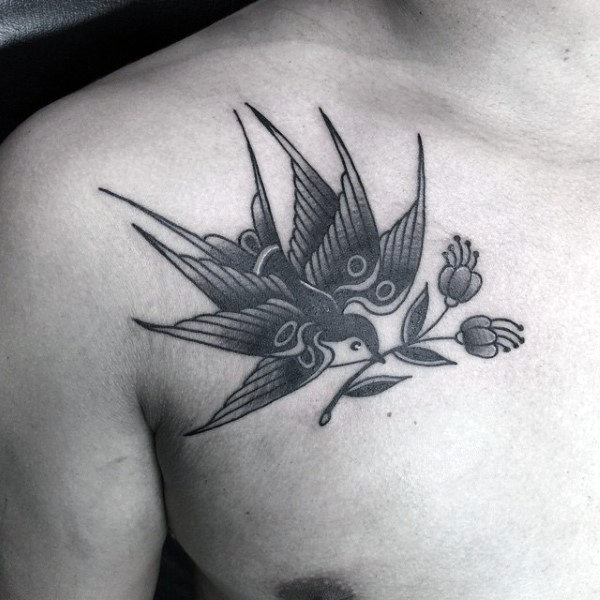 Mens Pretty Grey Shaded Sparrow Tattoo On Chest
