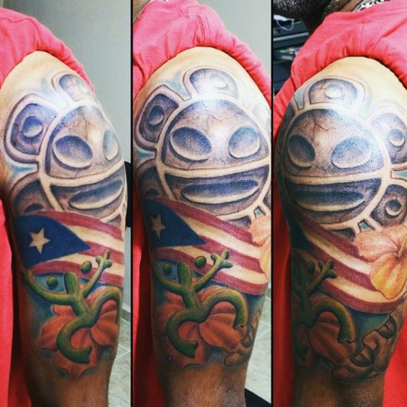 Mens Puerto Rico Half Sleeve Taino Tattoo With Sun And Frog
