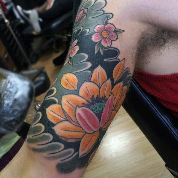 Mens Quarter Sleeves Japanese Blossoms Tattoo