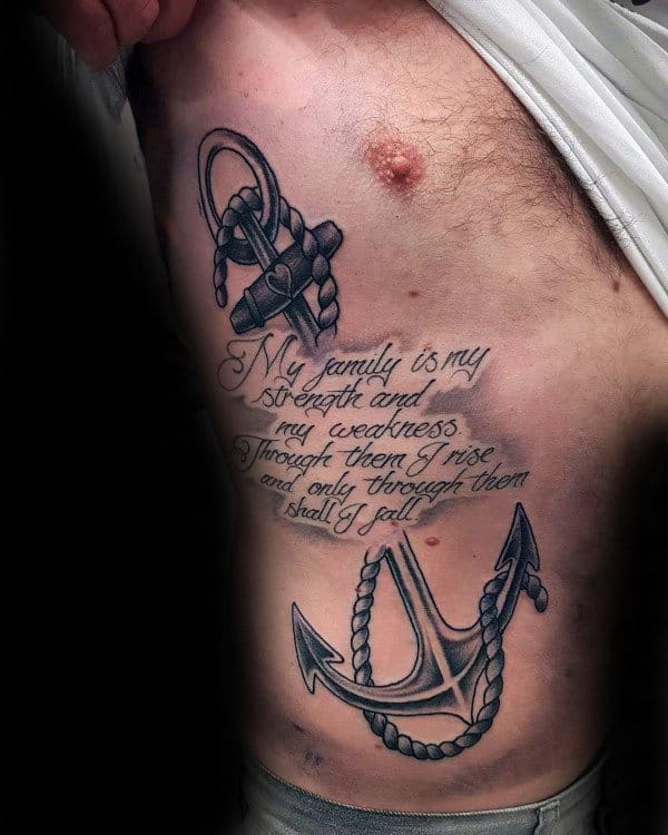Mens Quote With Anchor Strength Rib Cage Side Tattoo