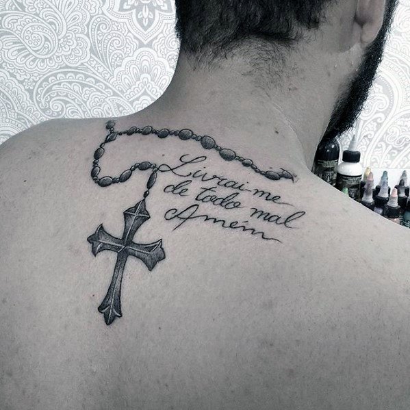 Mens Quote With Rosary Simple Christian Upper Back Tattoo