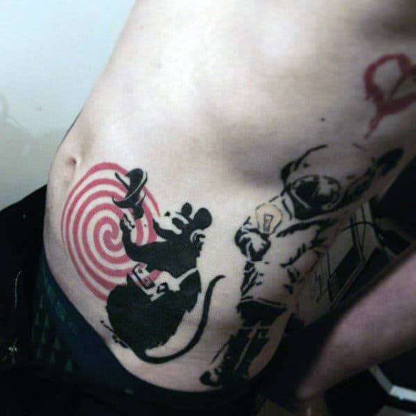 Mens Rat Banksy Rib Cage Side Tattoos