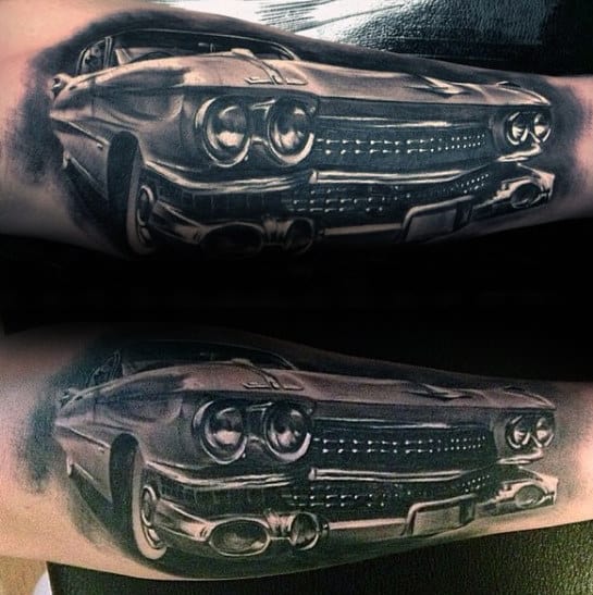 Mens Realistic 3d Cadillac Vintage Car Outer Forearm Tattoo Designs
