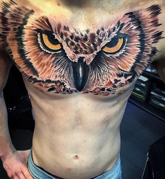 Mens Realistic 3d Owl Eyes Chest Tattoo