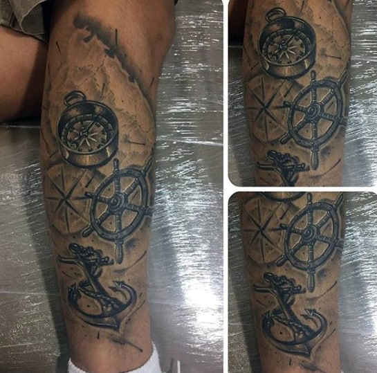 Mens Realistic Anchor Compass Leg Tattoos