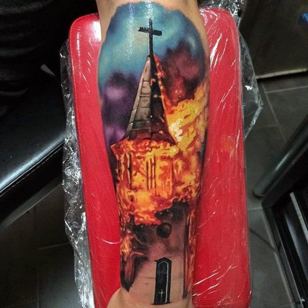 Mens Realistic Colorful Burning Church With Flames Leg Sleeve Tattoo