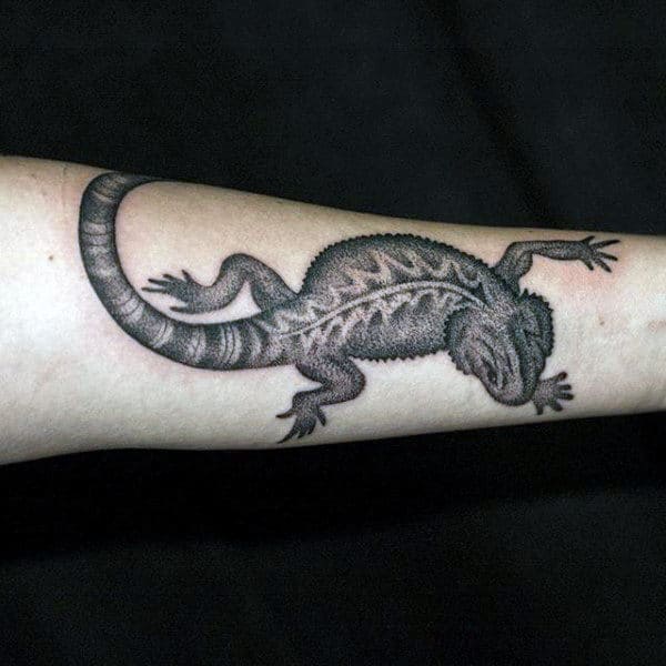Mens Realistic Grey Shaded Lizard Tattoo Forearms