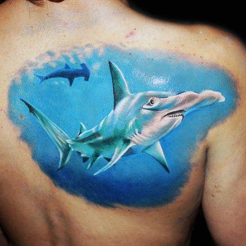 Mens Realistic Hammerhead Shark Watercolor Shoulder Tattoos