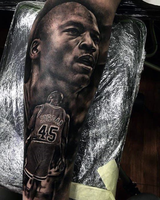 Mens Realistic Michael Jordan Portrait Tattoo Sleeve