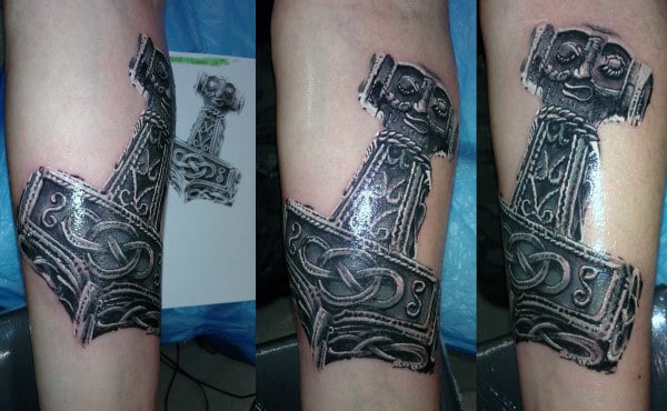 Mens Realistic Mjolnir Forearm Tattoo