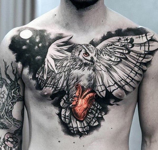 Mens Realistic Owl Flying With Heart Chest Tattoo