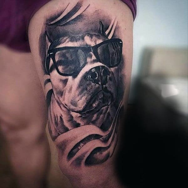 Mens Realistic Pitbull Dog Wearing Sunglasses Tattoo On Thigh