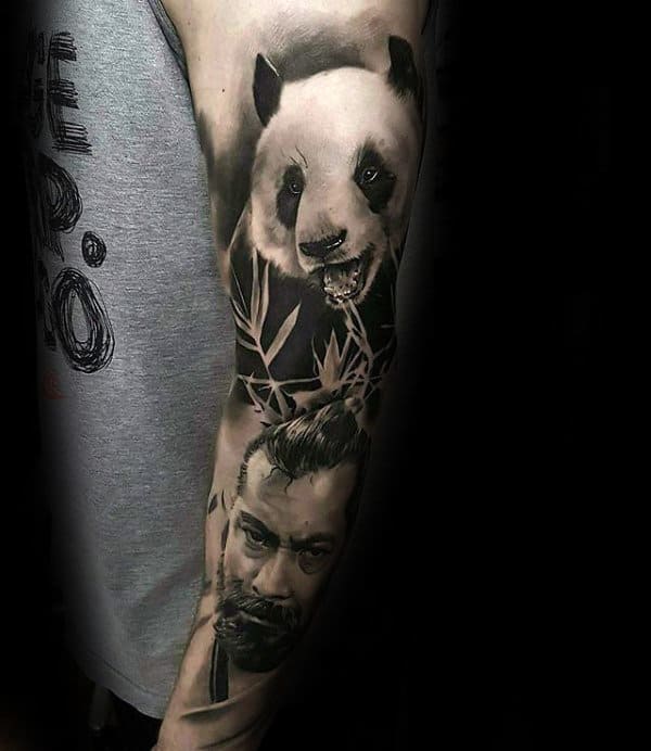 Mens Realistic Shaded Panda Bear Sleeve Tattoo Design Inspiration