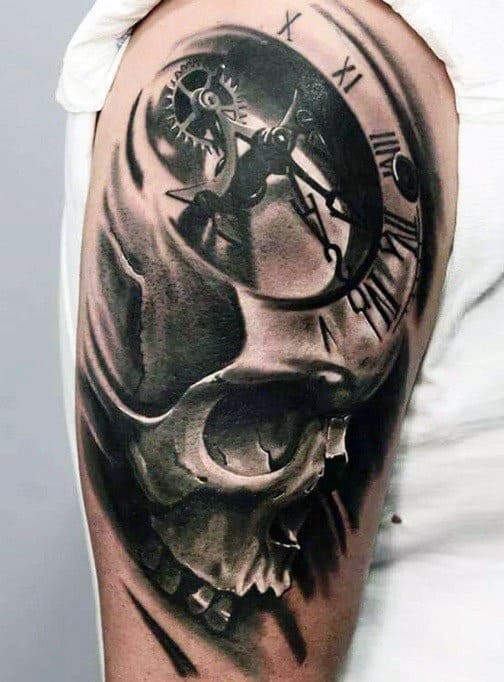Mens Realistic Skull With Roman Numeral Clock 3d Arm Tattoo