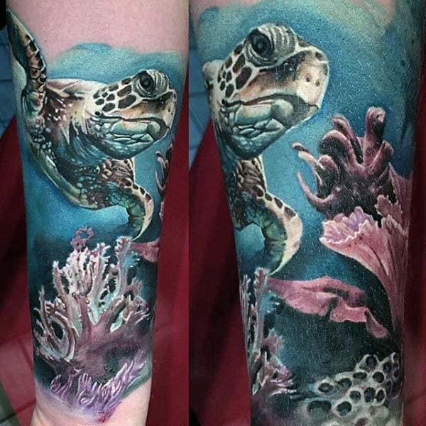 Mens Realistic Turtle Forearm Sleeve Underwater Tattoo Ideas