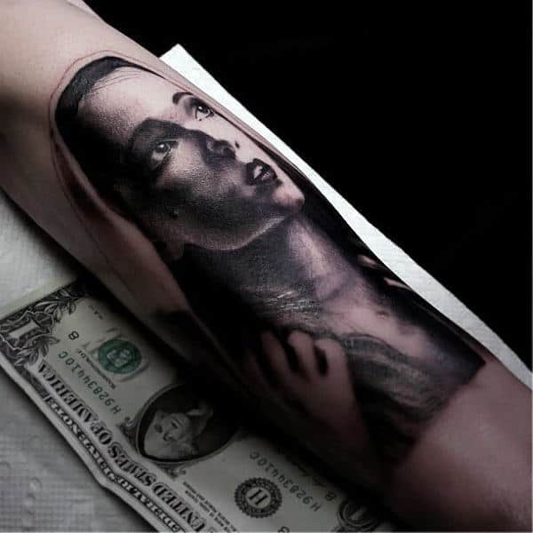 Mens Realsitic Portrait Of Virgin Mary Tattoo On Inner Forearms