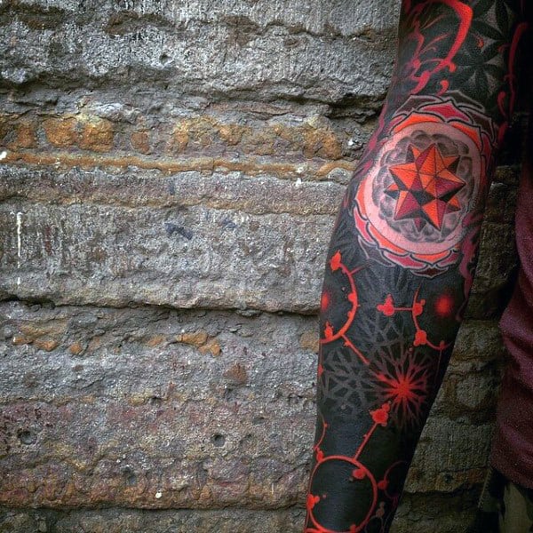 Mens Red And Black Ink Geometric Modern Full Sleeve Tattoo Ideas