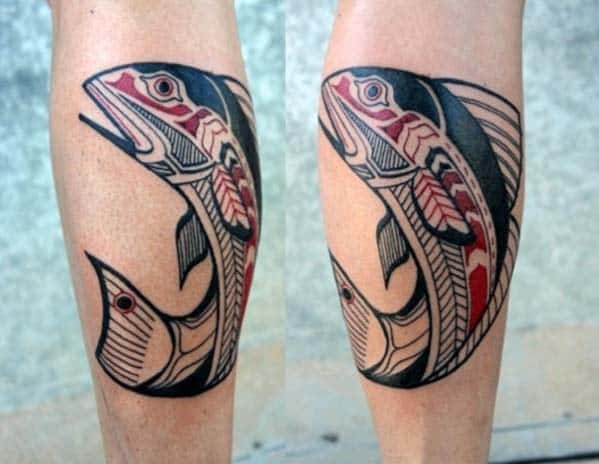 Mens Red And Black Ink Haida Fish Tribal Tattoo On Leg
